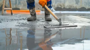 a worker using a bull float to smooth out the surface of the concrete creating a sleek and polished finish that will provide a solid base for the buildings floors photo 1